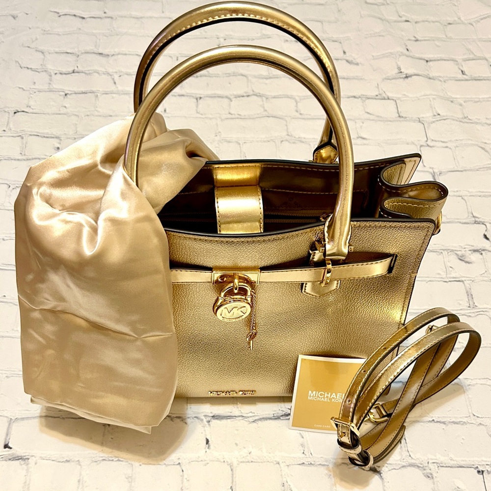 New Michael Kors Gold Satchel With Optional Crossbody